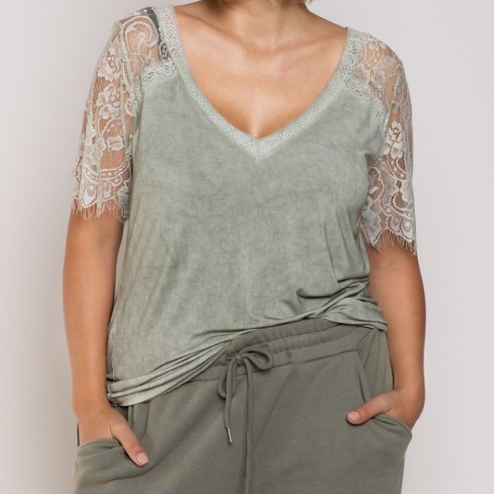 Lace sleeve slinky soft V-neck neck loose fit top- dark sage